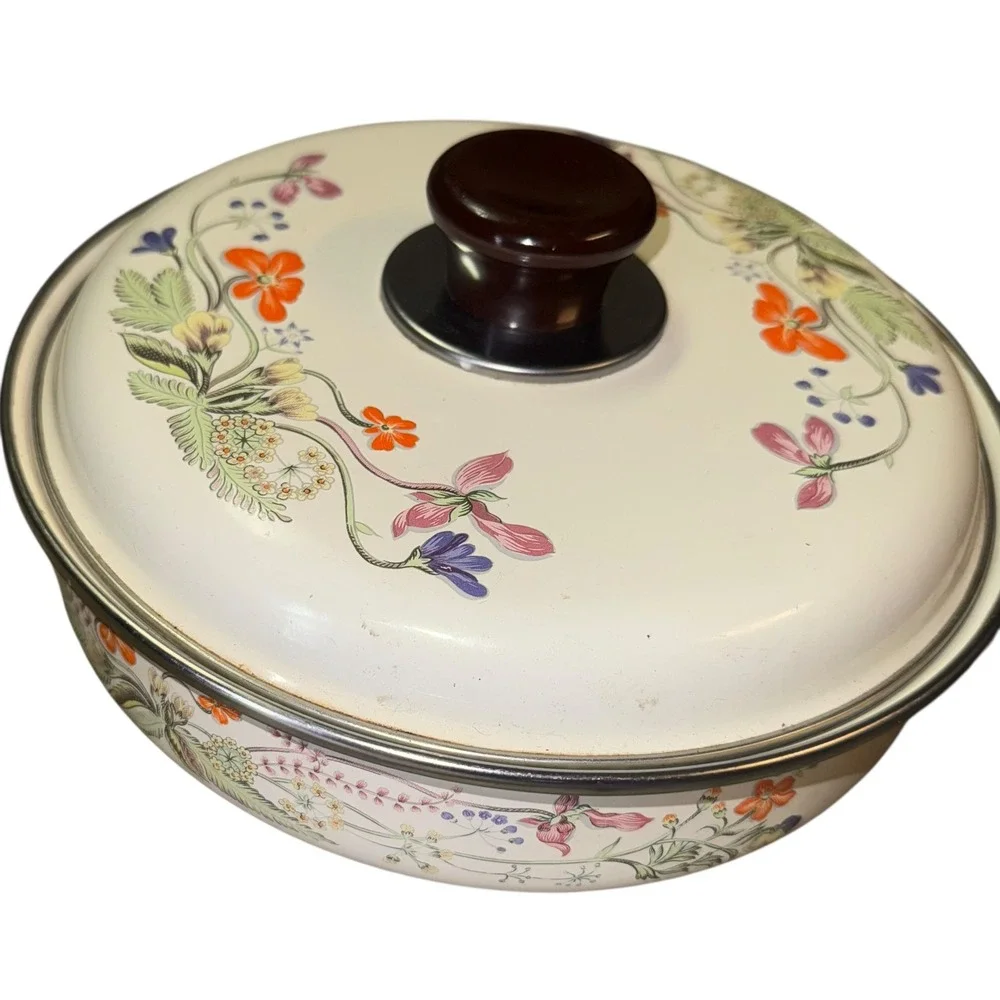 Vintage MCM Floral Enamel Saucepan Pot with Lid Kitchenware Cooking Pot RARE
